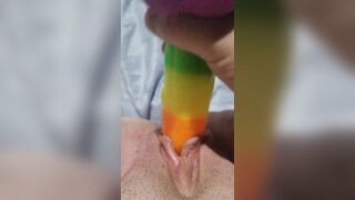 Trying my new colorful suction dildo part 3