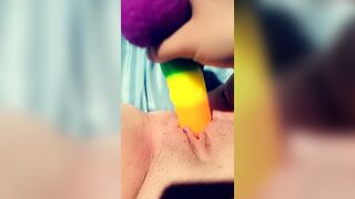 Trying out my new colorful suction dildo part 2