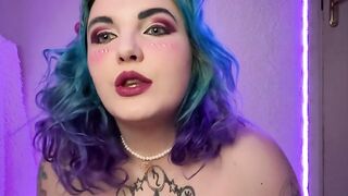 Cute curvy cosplayer with blue hair teasing and suck dildo so sloppy ahegao face