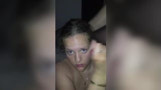 Sub teen with fat tits gags on two cocks