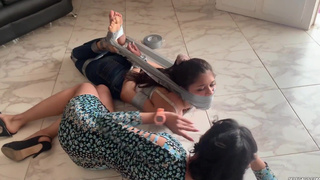 Barefoot BDSM Girl Gagged And Hogtaped By Evil Roommate