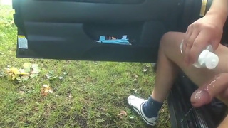 outdoor wanking with cum