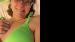 cute nerdy glasses girl showing off