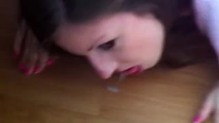 Horny girl licks Cum stain off the Floor and swall